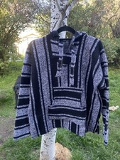 Drug Rug Baja Hoodie Mexican Poncho Soft Inner Lining Kids Large Black White