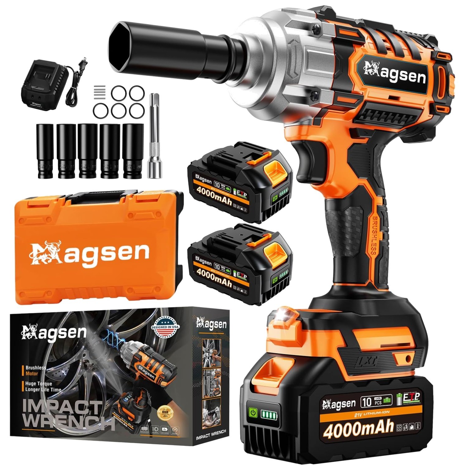 Portable 1/2" Impact Wrench with LED Light & Auto-Stop Mode - 5 Sockets Included