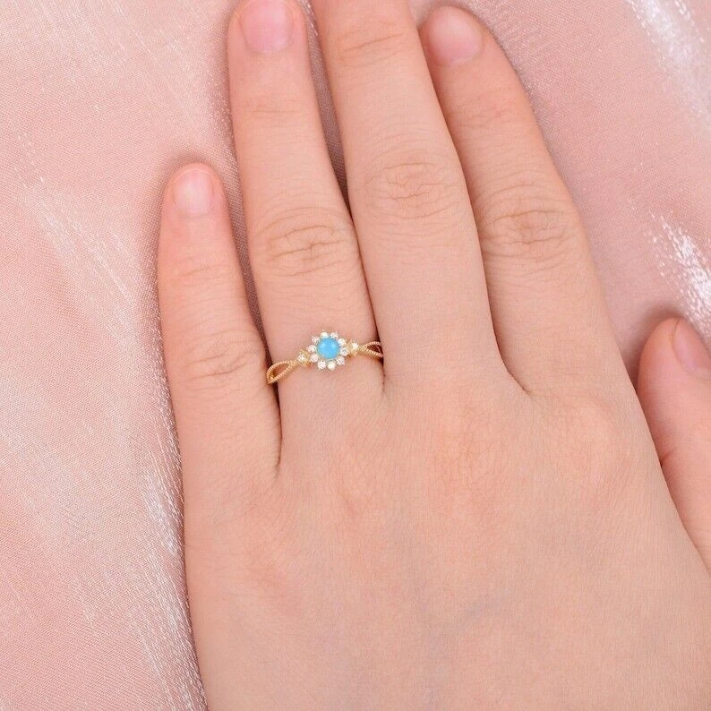 Natürlich Türkis Edelstein 14K Gelb Versilbert Versprechen Damen Ring G418 - Bild 4 von 4