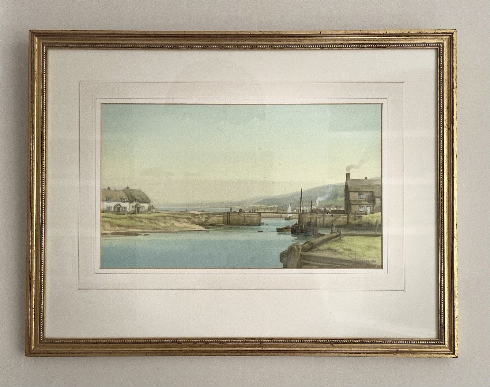 S. Thompson Signed Original Watercolour – Harbour Scene, Devon/Dorset – Framed