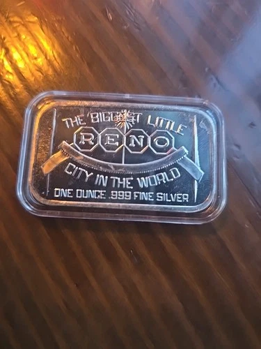 Vintage Reno The Biggest Little City 1 oz 999 Fine Silver Bar by Silvertowne