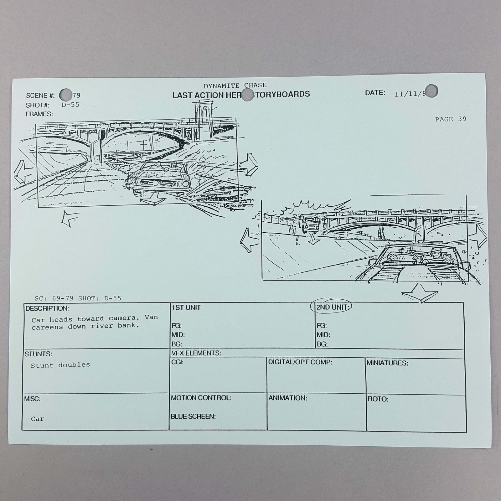 Last Action Hero Storyboard Van Careens Down River Bank Chase Scene Original COA