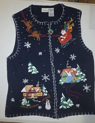 Vintage White Stag Women s Size 18/20W Christmas Sweater Vest Navy Blue Santa