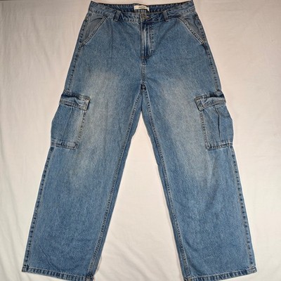 Promod Womens Light Wash Wide Leg Cargo Jeans Blue Denim Size UK 12 EUR 40