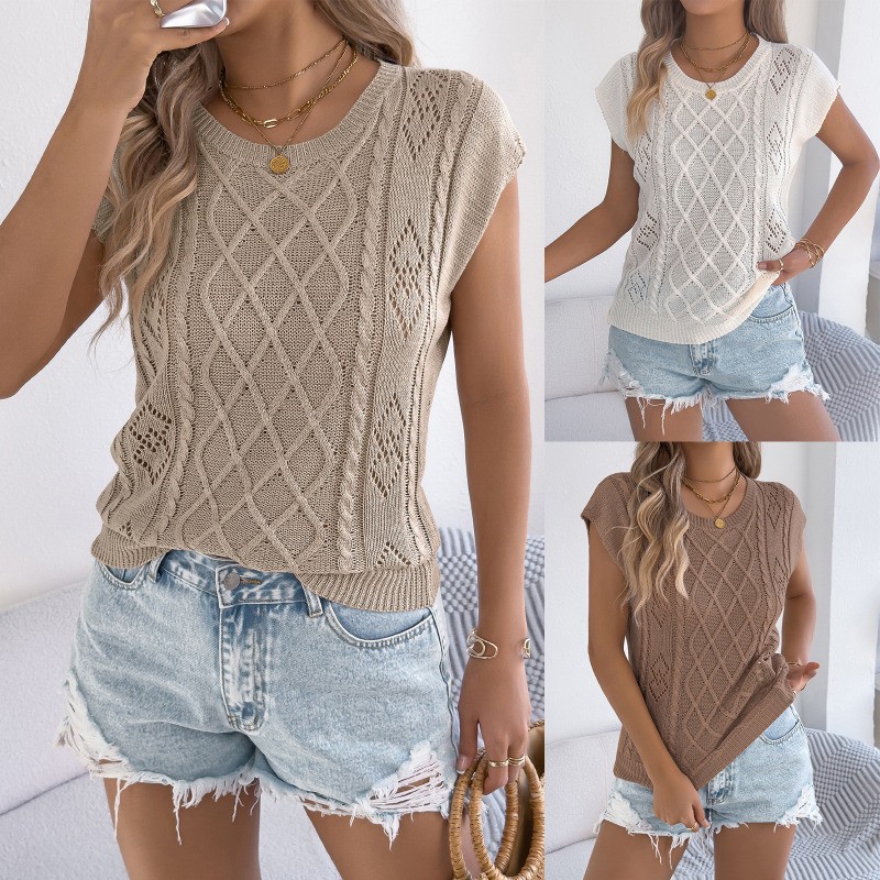 Women Crochet Jersey Tank Top Sleeveless Tank Top Loose Crew Neck Casual