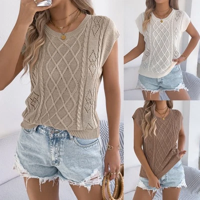Women Knitted Crochet Tank Top Sleeveless Vest Crew Neck Basic Breathable Hollow - Image 1 of 4