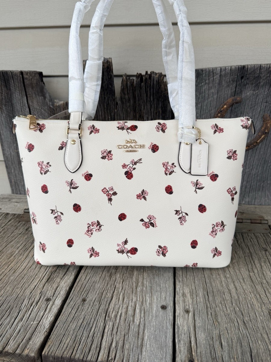 NWT Coach Gallery Tote Bag With Ladybug Floral Print Gold/Chalk