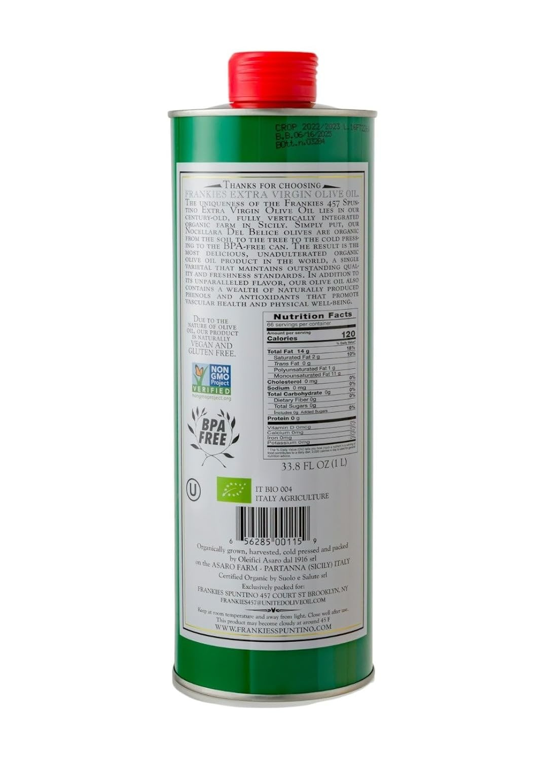 Frankies 457 Organic Extra Virgin Olive Oil, Rich in Flavor - 33.8 fl oz (1 L)