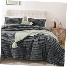 Fluffy Queen Comforter Set 3 Pieces - Dark Grey Fleece Fluffy Comforter Set,