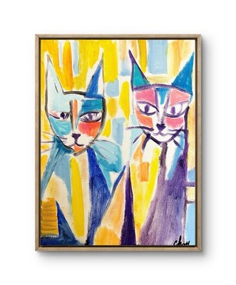 11 X 14 Twin Cats Expressionism Original Colorful Abstract Handmade Signed Decor