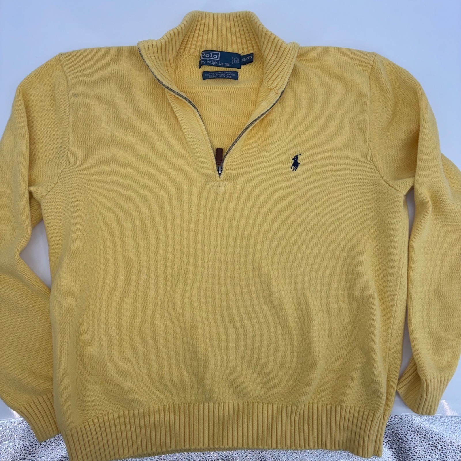 Polo Ralph Lauren Mens XL Yellow Cotton Quarter Zip Pullover Sweater Vintage