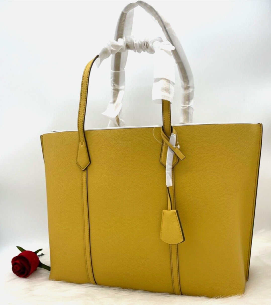 NWT AUTH $428 Tory Burch Perry Triple Compartment Pebbled Leather Tote In Sunset