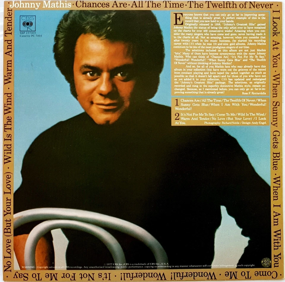 Johnny Mathis – Johnny's Greatest Hits LP 1977 Australia CBS–SBP 237003 Mint - Image 3 of 3
