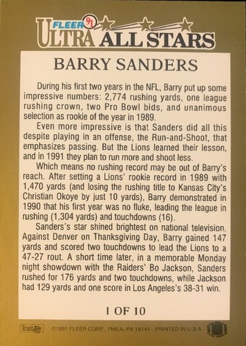 BARRY SANDERS - 1991 Fleer Ultra ALL-STARS Insert #1 - DETROIT LIONS - Bild 2 von 2