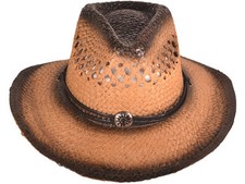 Outback Tea Stained Straw Cowboy Hat W/Sun Cut Medallion Leather Band