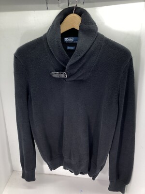 Polo Ralph Lauren Sweater Men Sz Small Black Shawl-Collar Pullover Buckle  Cotton