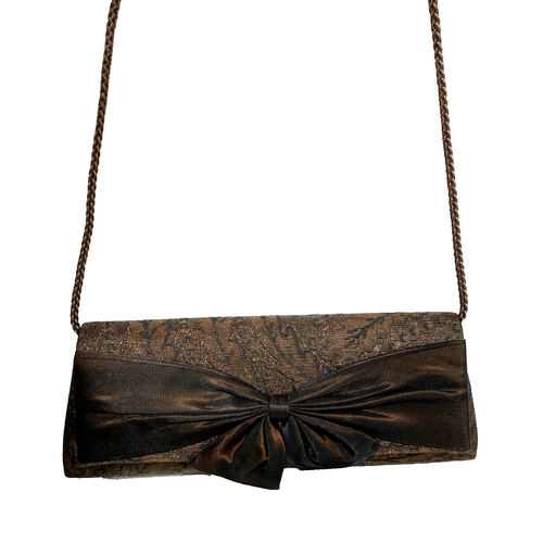 Coppery Brown Satin Brocade Clutch Purse with Bow Convertible Evening Bag Chic - Picture 10 of 11