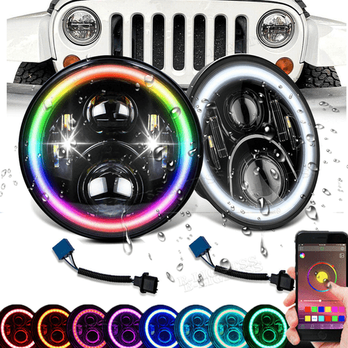 For Jeep Wrangler JK TJ LJ Halo RGB 7'' LED Headlights DRL Lights Combo Kit 2pcs - Bild 1 von 13