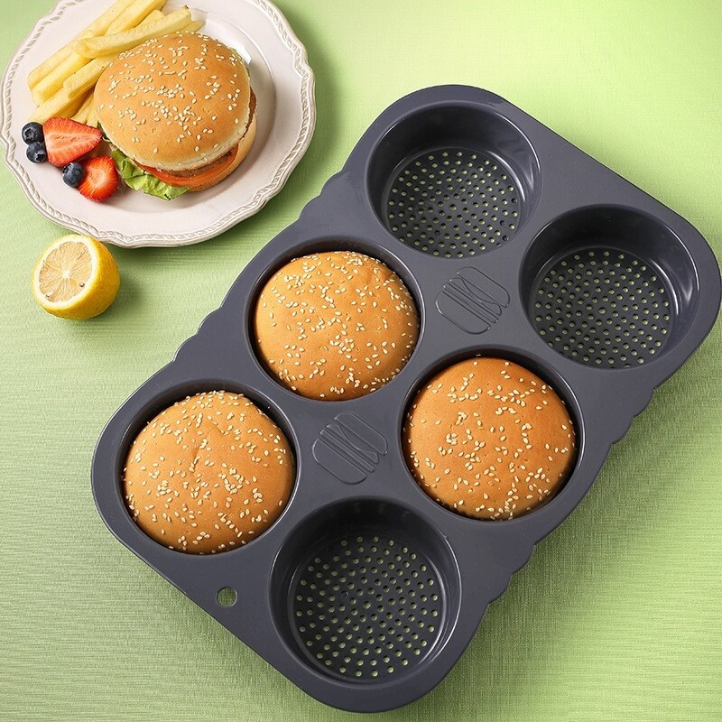 6 Cavity Silicone Hamburger Bun Pan Non Stick Burger Bread Mold Pans Tool