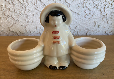 Vtg Pottery Chinese Woman Carrying Two Baskets Cold Painted 7in W x 4.25in T