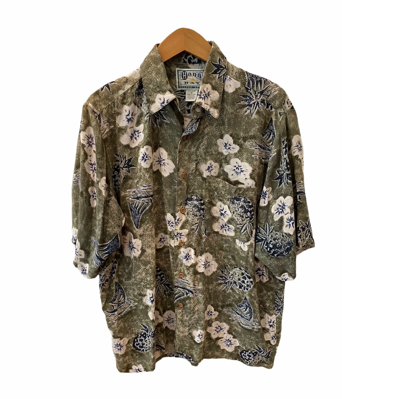 Hana Bay Mens Hawaiian Shirt Green Blue White M Retro Button Down Luau Travel