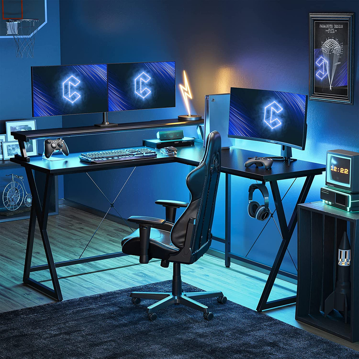 Stack Gaming Desk LED Strip & Double-Layer Desktop, L Shaped Computer  Gaming