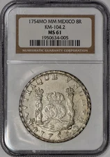 1754 Mexico Silver Pillar Dollar 8 Reales KM-104.2 NGC MS61