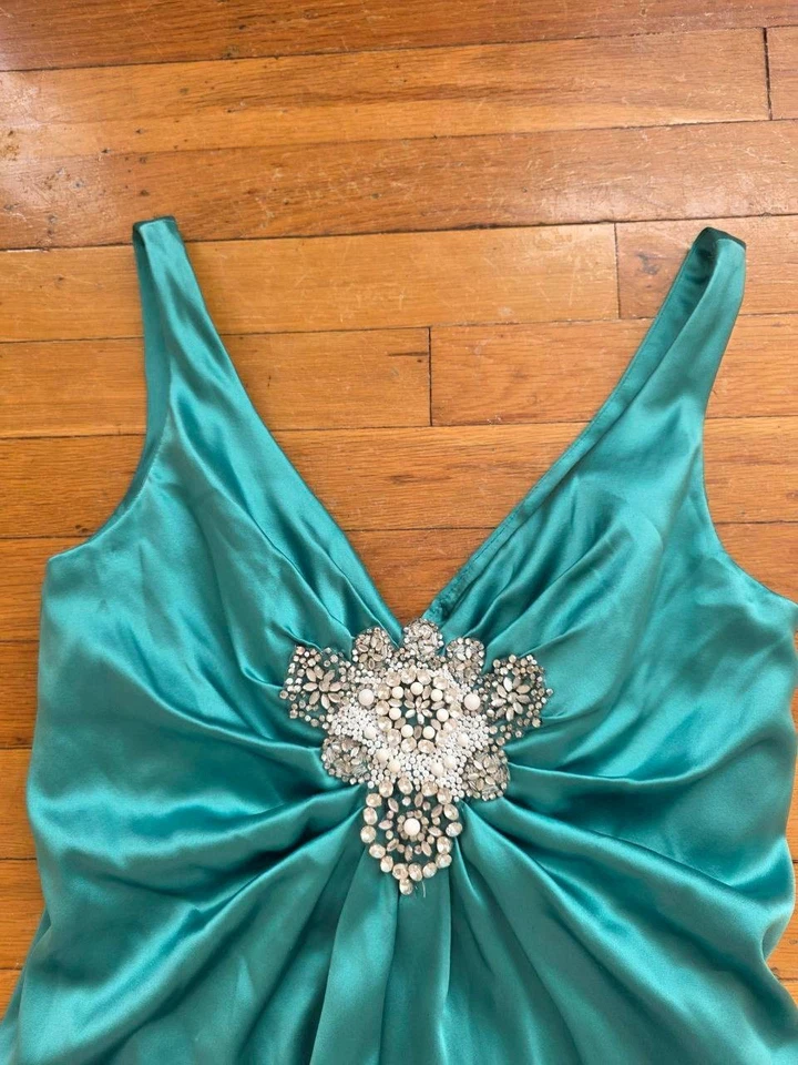 Vestido Melinda Eng Turquesa Seda Satén Verano Cóctel Hecho en EE. UU. Talla 6 A001014 Foto 2 de 4