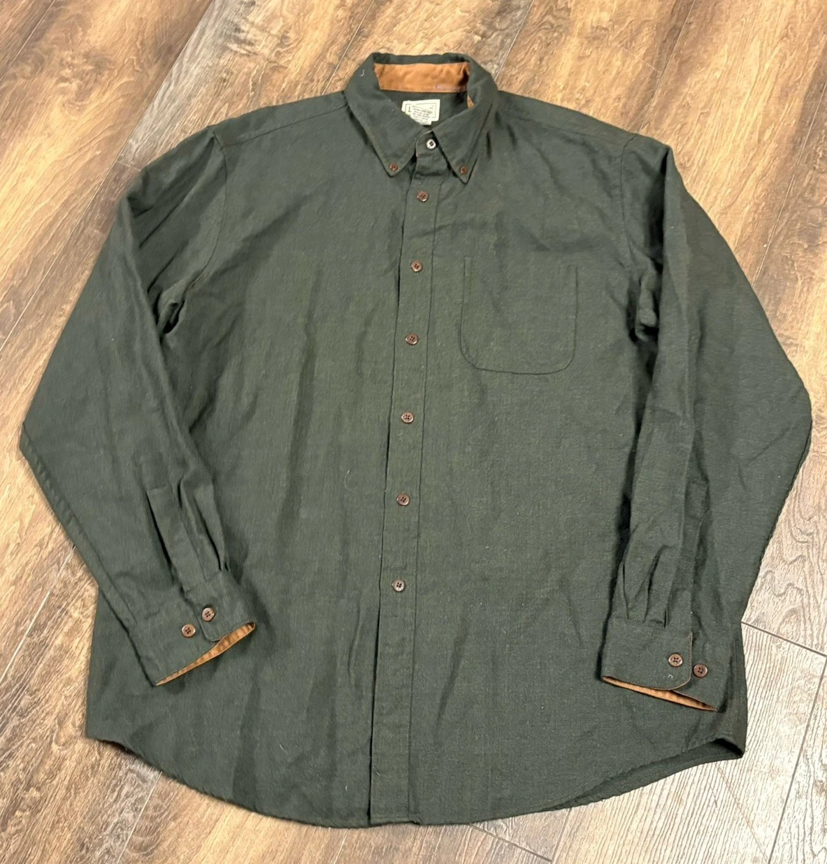 LL Bean Shirt Mens Large Green 100% Wool Button Down Pocket Long Sleeve 0DGT8