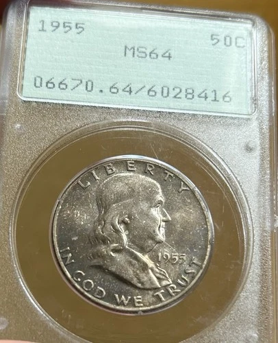 1955 P Franklin Silver Half Dollar PCGS MS64 OGH Rattler Nice Color