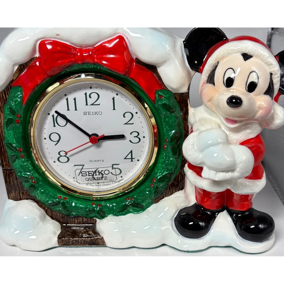 Vintage Ceramic Mickey Mouse Santa Clock Seiko Quartz Disney Christmas Decor - Image 2 of 4
