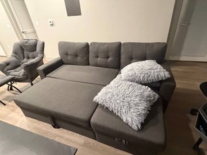 Gray Convertible Sectional Sofa Bed with Chaise – L-Shaped Sleeper Couch +pillow