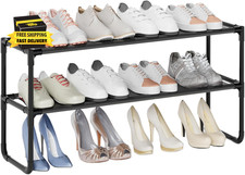 Long Shoe Rack, 2-Tier Stackable Shoe Organizer for Closet, Entryway, Hallway, E