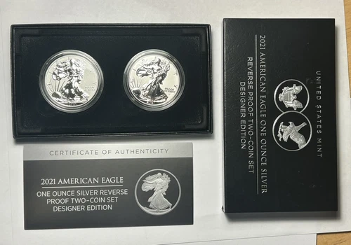 2021 SILVER EAGLE 2 COIN REVERSE PROOF SET WITH BOX AND COA