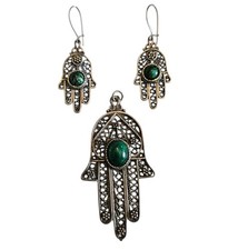 Vintage 925 Sterling Silver Filigree Turquoise??  Hamsa Pendant And Earrings 