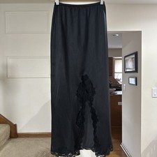 Vintage Wonder Maid Long Half Slip Skirt Lace Trim Black Front Slit Non Cling S