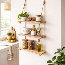 Hanging Rope Shelf 3 Wooden Shelves Display Unit Storage Shelving Home Decor