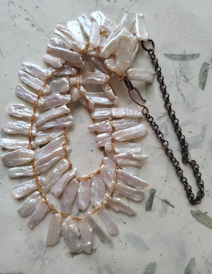 Pearl Double Strand Necklace With Hand Spun Silk Cord & Oxidized Copper