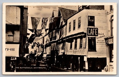Vintage Real Photo Postcard The Butterwalk Dartmouth UK Cafe Scene