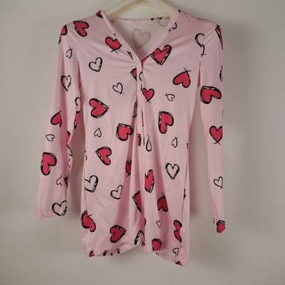 Unbranded Girls Size L, Pink Romper With Red Hearts, Button up with long sleeves