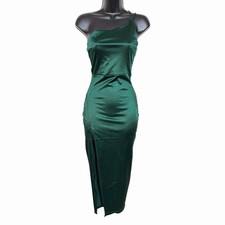 Windsor Green Aleena Midi Dress XS Satin Ruching Side Slit One Shoulder Party