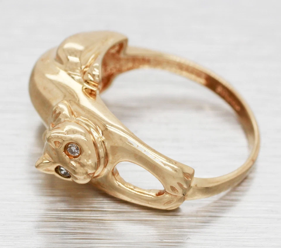 Anillo de pajarita de gato con ojos de diamante de diseñador - oro amarillo de 14 k gatito talla 5,25 Foto 3 de 4