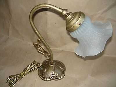 Lume Comodino Liberty Originale Ottone Anticato e Vetro Opaco Bianco