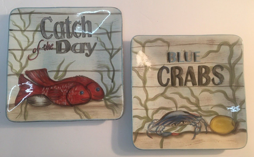 Kate McRostie Two 8 3/4" Certified Intl Square Plates Catch of the Day/BlueCrabs - Picture 12 of 12