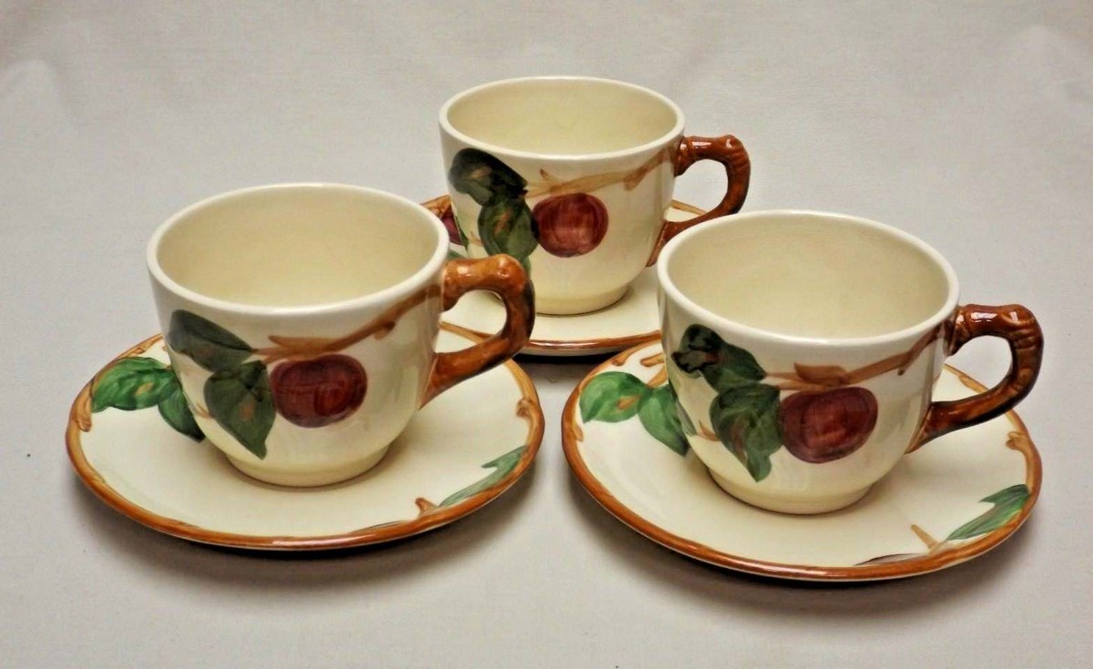 Franciscan Set of 3 Hand Painted Apple Flat Cups & Saucers Made in