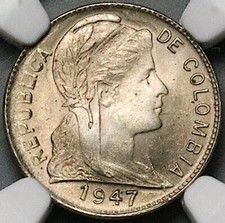 1947-B NGC MS 66  Colombia 1 Centavo Bogota Mint State Coin POP 1/0 (23110701C)