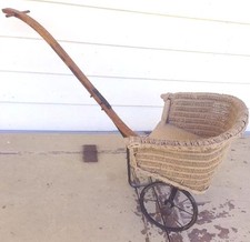 ANTIQUE wicker  oak DOLL Buggy PRAM carriage VICTORIAN photo prop TEDDY BEAR