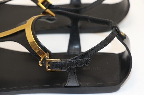 Sandali Tom Ford neri in pelle e metallo dorato con cinturino a T piatto EU 40,5 US 8,5 - Foto 8 di 23