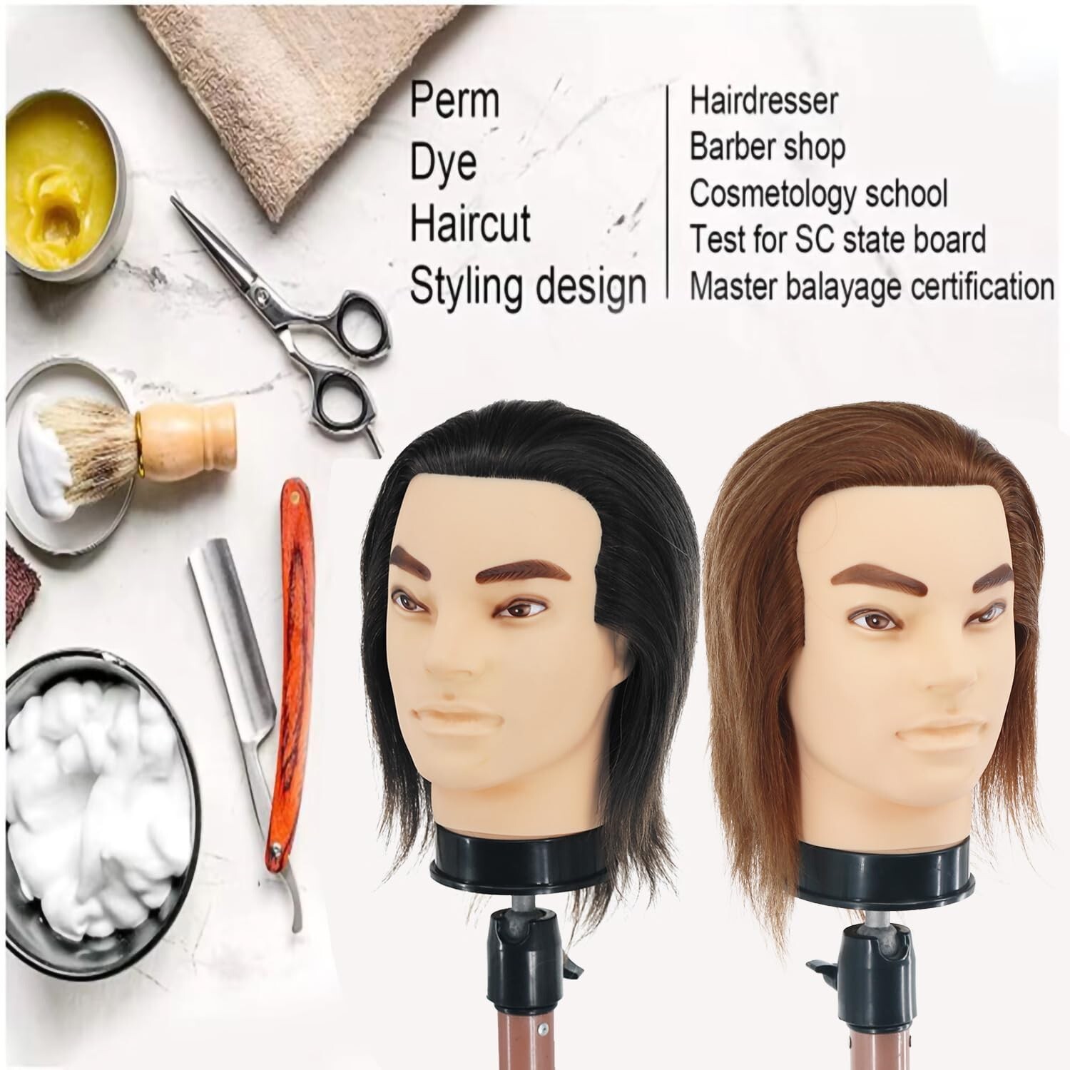 Barber Mannequin Head - 12'' Practice Head with Human Hair, Clamp Stand for H...