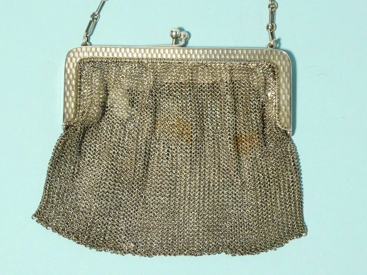 Sterling Silver Antique Chain Mail Mesh Evening Bag Purse at